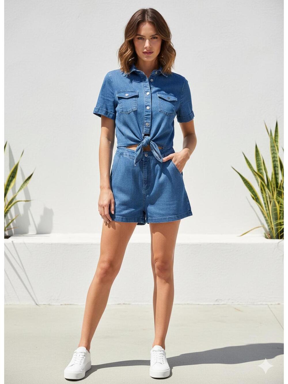Rico Melograno - Front-Tie Denim Romper - Medium Wash - Size Large